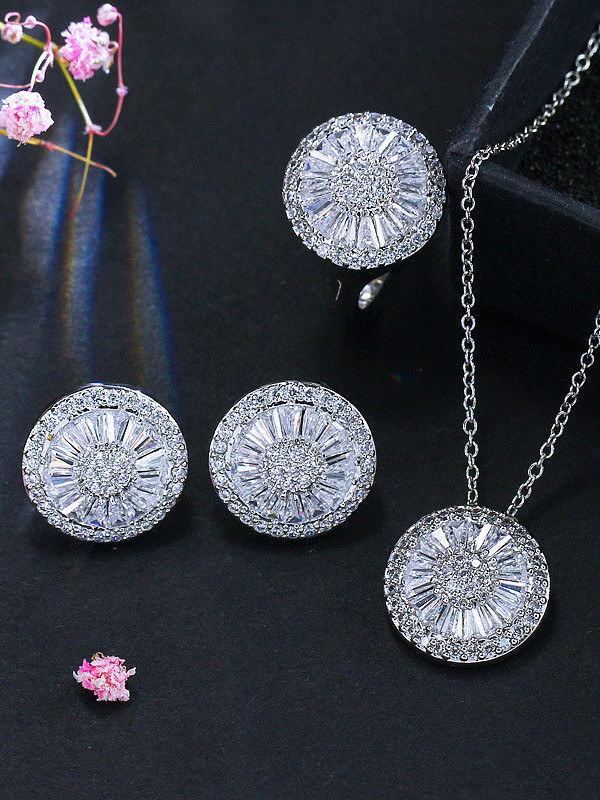 Conjunto de joyería de 4 piezas de anillo de pulsera de pendientes de collar redondo de circón AAA de lujo