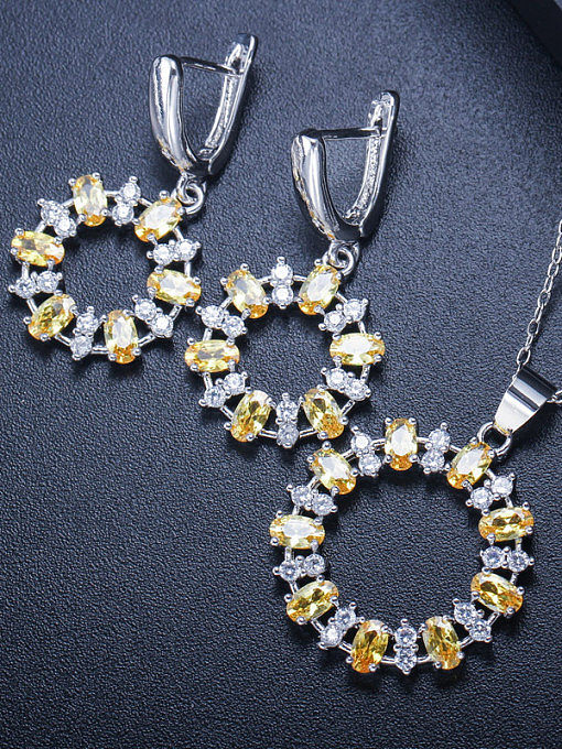 Luxury Shine Square High Quality Zircon Round Necklace Earrings 2 Piece jewelry set Multicolor