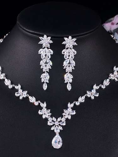 Copper Cubic Zirconia Luxury Flower Earring and Necklace Set