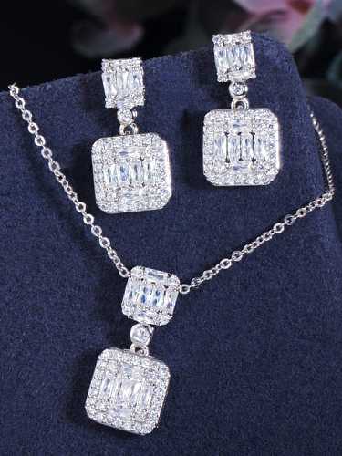 Brass Cubic Zirconia Luxury Geometric Earring and Necklace Set