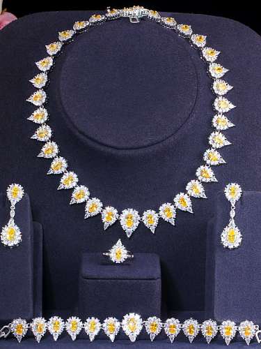 Copper Cubic Zirconia Luxury Water Drop Ring Earring Braclete And Necklace Set