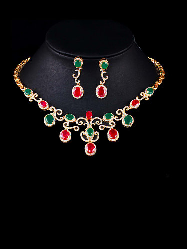 Brass Cubic Zirconia Luxury Flower Earring and Necklace Set