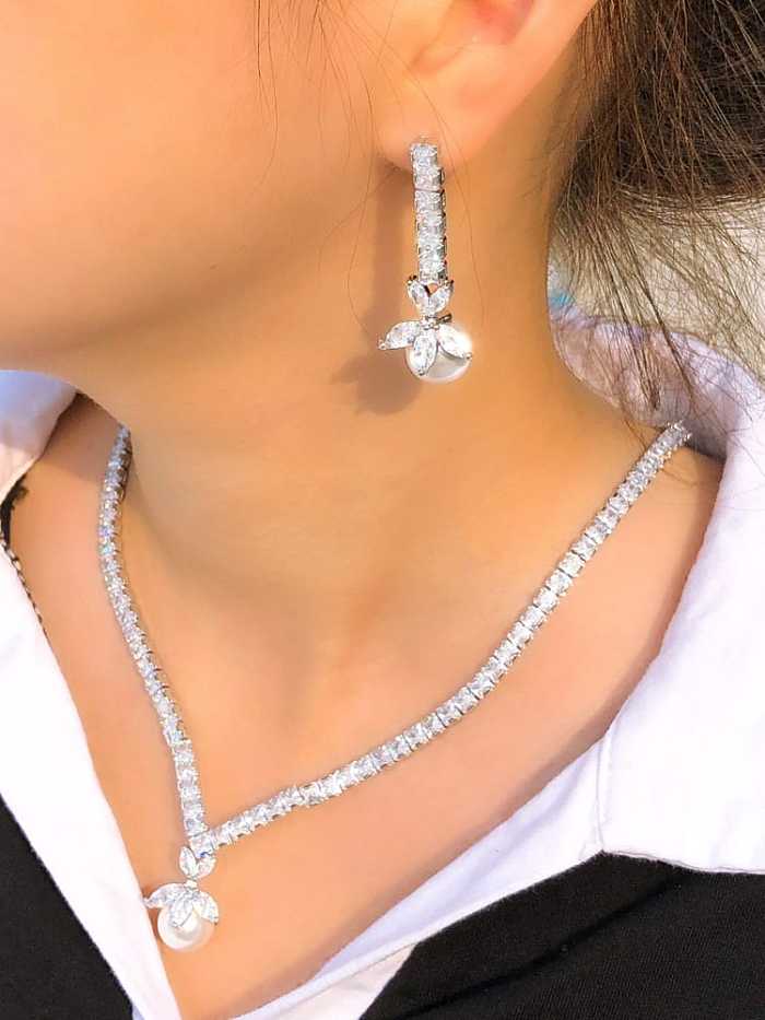 Brass Cubic Zirconia Luxury Geometric Earring and Necklace Set