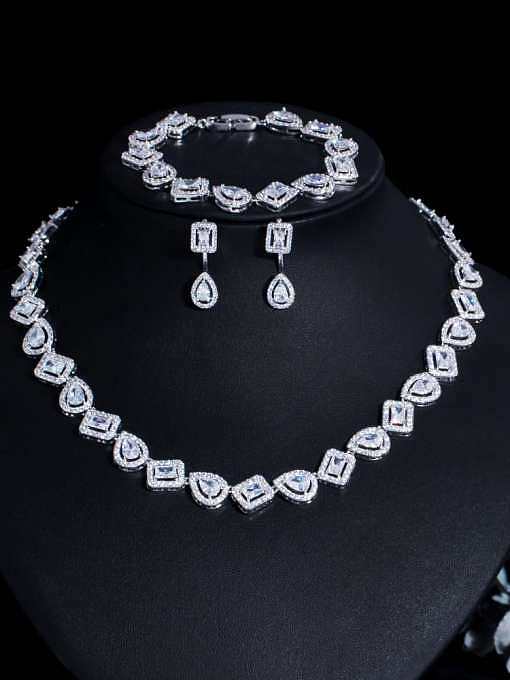 Brass Cubic Zirconia Luxury Geometric Ring Earring Bangle And Necklace Set