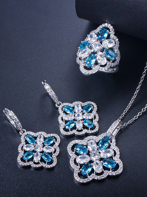 Copper inlaid AAA zircon colored earrings necklace ring 3 pieces jewelry set