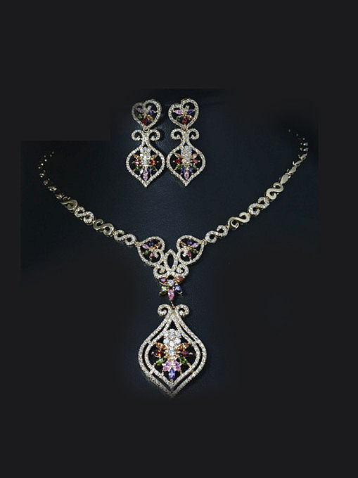 Conjunto de joias de duas peças com flor retrô e zircões coloridos