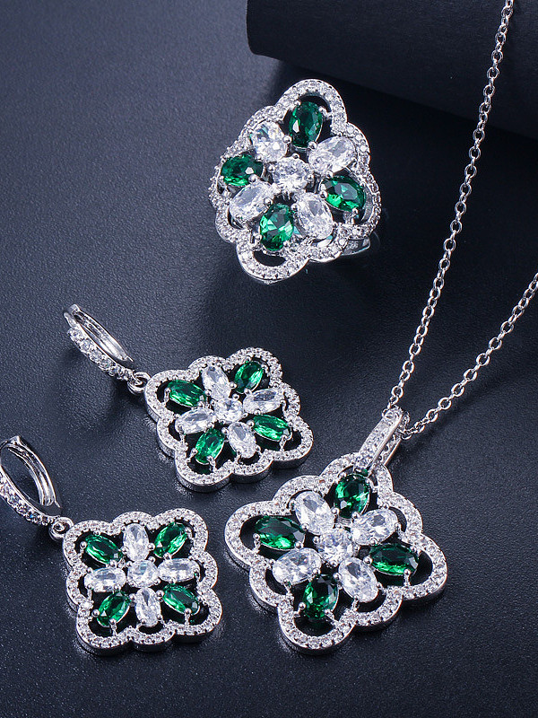 Copper inlaid AAA zircon colored earrings necklace ring 3 pieces jewelry set