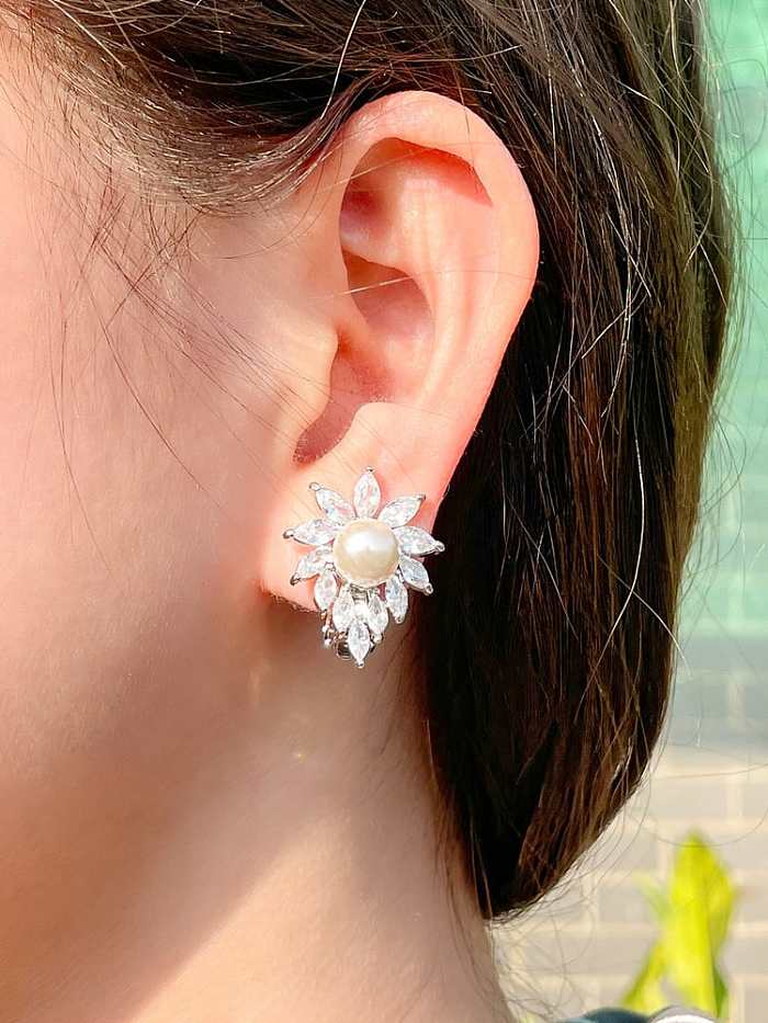 Brass Cubic Zirconia Flower Luxury Clip Earring