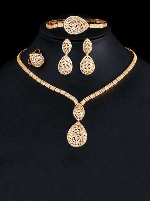 Copper Cubic Zirconia Luxury Water Drop Ring Earring Bangle And Necklace Set