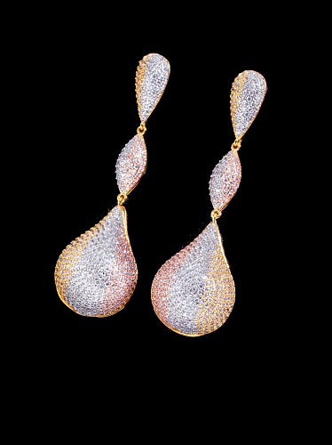 Brass Cubic Zirconia Water Drop Statement Three-color full diamond irregular long Earring