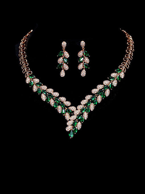 Brass Cubic Zirconia Luxury Leaf Earring and Necklace Set