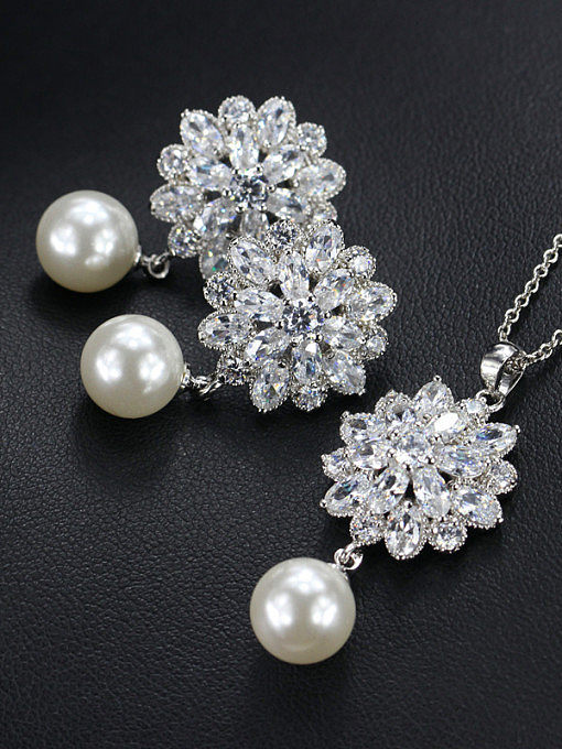 Zircon Flower Pearl Wedding Jewelry Set