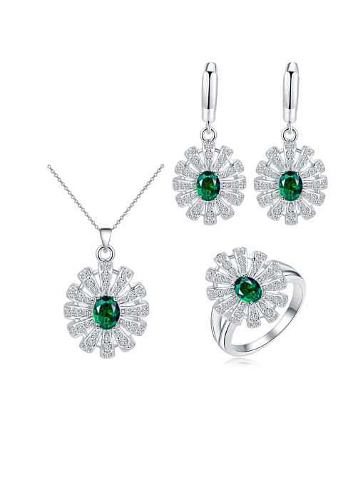 Brass Cubic Zirconia Luxury Flower Earring Ring and Necklace Set