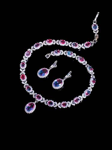 Brass Cubic Zirconia Luxury Oval Earring and Necklace Set