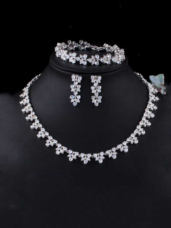 Brass Cubic Zirconia Luxury Flower Earring Braclete and Necklace Set