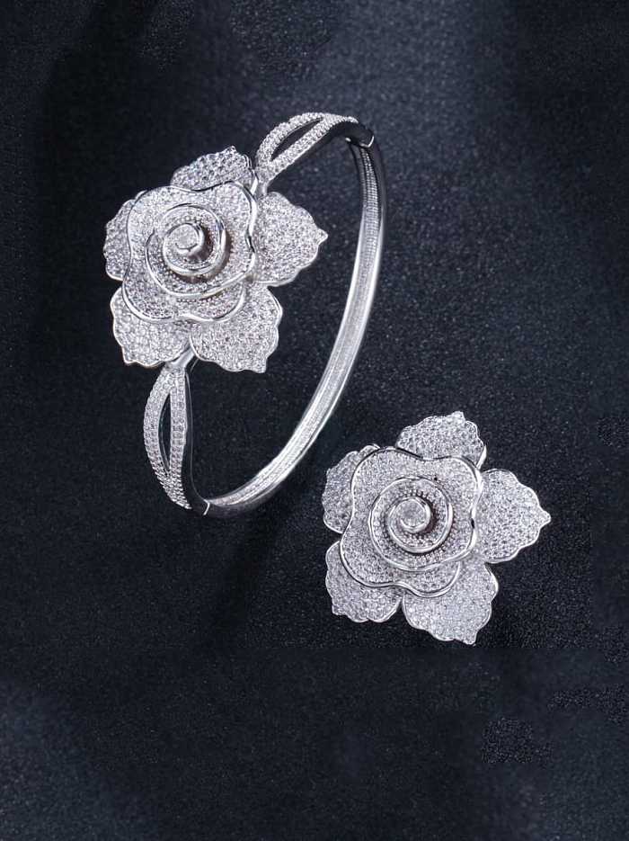Brass Cubic Zirconia Luxury Flower Ring and Bangle Set
