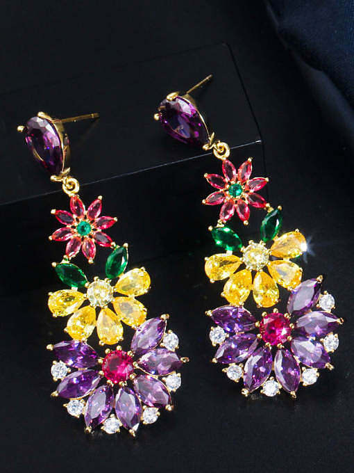 Brass Cubic Zirconia Flower Luxury Cluster Earring