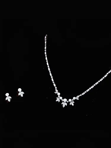 Brass Cubic Zirconia Luxury Leaf Earring and Necklace Set