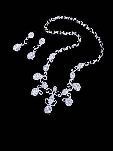 Brass Cubic Zirconia Luxury Flower Earring and Necklace Set
