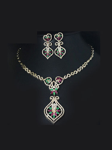 Conjunto de joias de duas peças com flor retrô e zircões coloridos