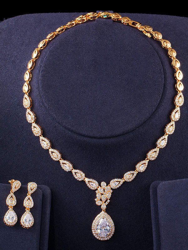 Conjunto de brincos e colar de luxo com zircônia cúbica de cobre