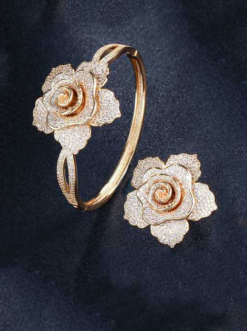 Ensemble bague et bracelet fleur de luxe en laiton et zircon cubique