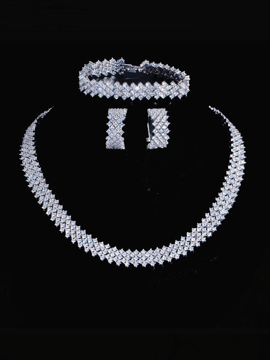 Conjunto de aretes y collar con brazalete geométrico de lujo con circonitas cúbicas de latón
