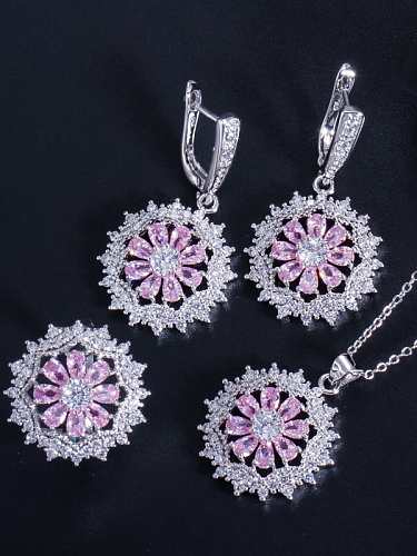 Dainty Flower Brass Cubic Zirconia Earring Ring and Necklace Set