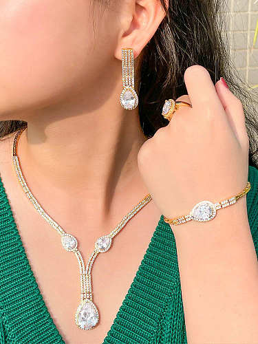 Brass Cubic Zirconia Luxury Geometric Ring Earring Bangle And Necklace Set