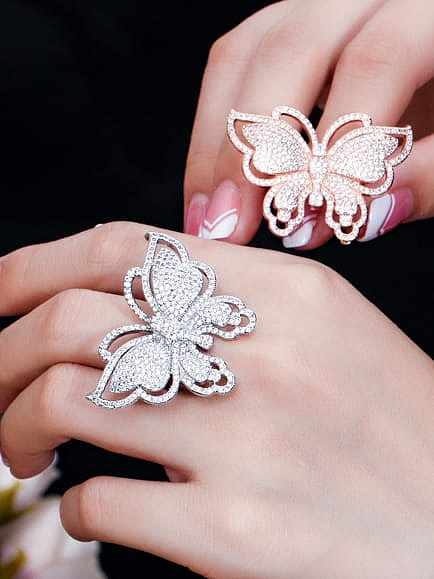 Brass Cubic Zirconia Luxury Butterfly Ring and Bangle Set