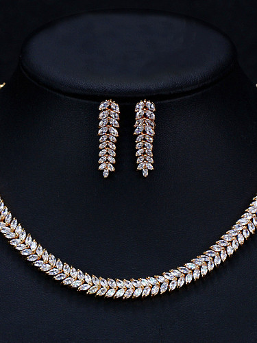 Luxury Shine AAA Zircon Horse-eye leaves Necklace Earrings 2 Piece jewelry set