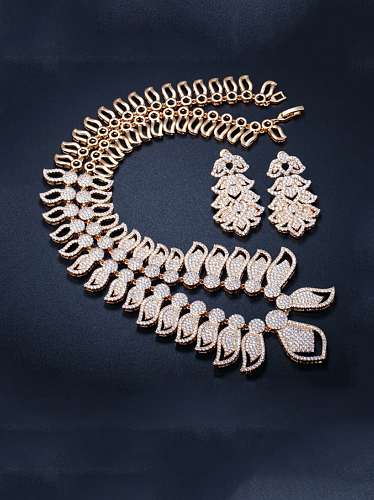 Brass Cubic Zirconia Luxury Leaf Earring and Necklace Set
