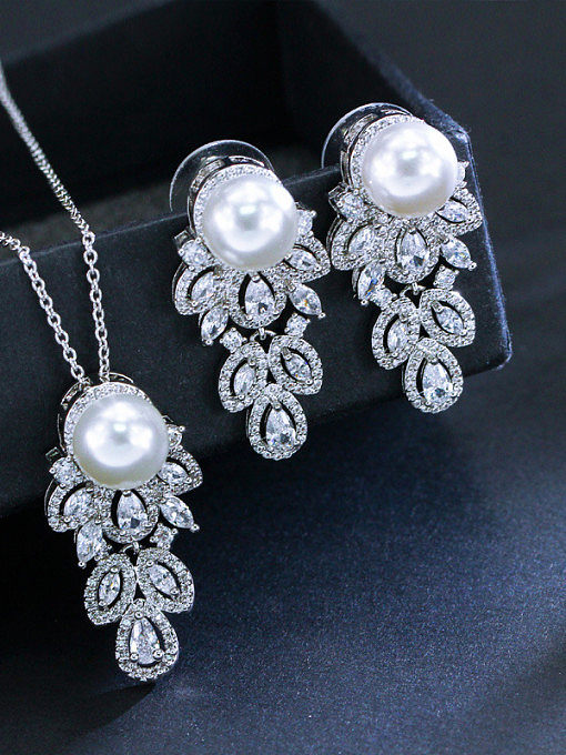 The Luxury Shine AAA Zircon Imitation pearls Necklace Earrings 2 Piece jewelry set