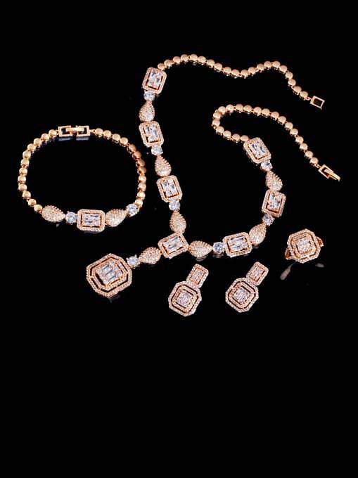 Brass Cubic Zirconia Luxury Geometric Ring Earring Braclete And Necklace Set