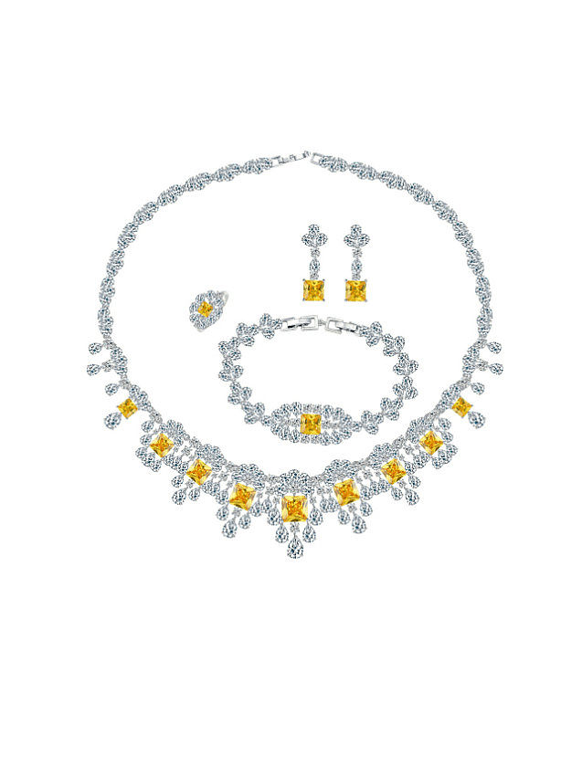 Messing Zirkonia Luxus Blume Ring Ohrring Armreif und Halskette Set