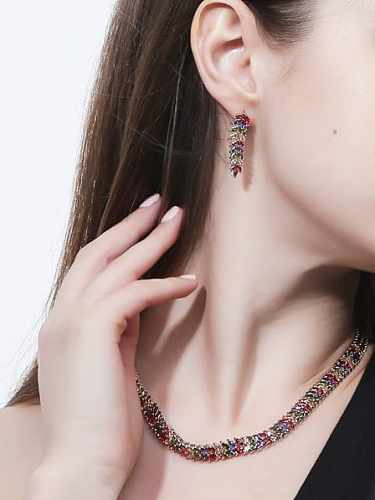 Brass Cubic Zirconia Luxury Leaf Earring and Necklace Set
