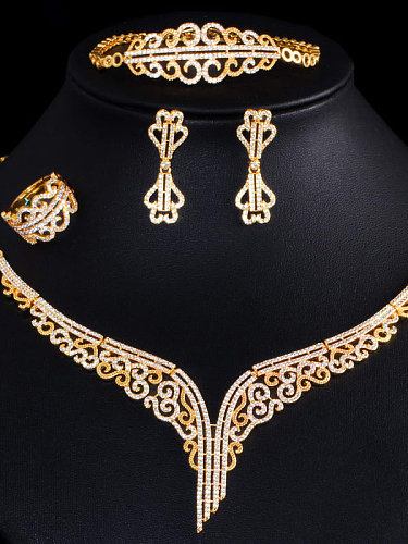 Kupfer Zirkonia Luxus Blume Ring Ohrring Braclete und Halskette Set