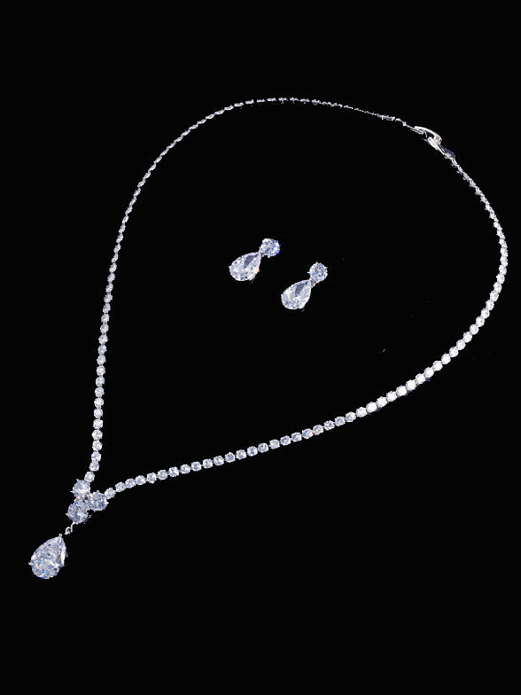 Brass Cubic Zirconia Trend Water Drop Earring and Necklace Set