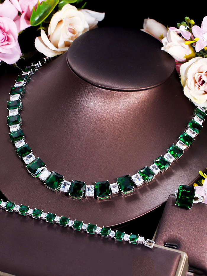 Messing Zirkonia Luxus quadratischer Ring Ohrring Armreif und Halskette Set