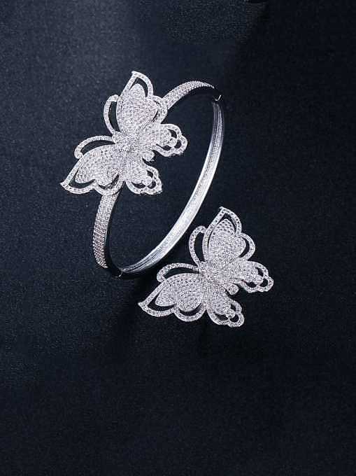 Conjunto de anel e pulseira de luxo borboleta de zircônia cúbica de latão