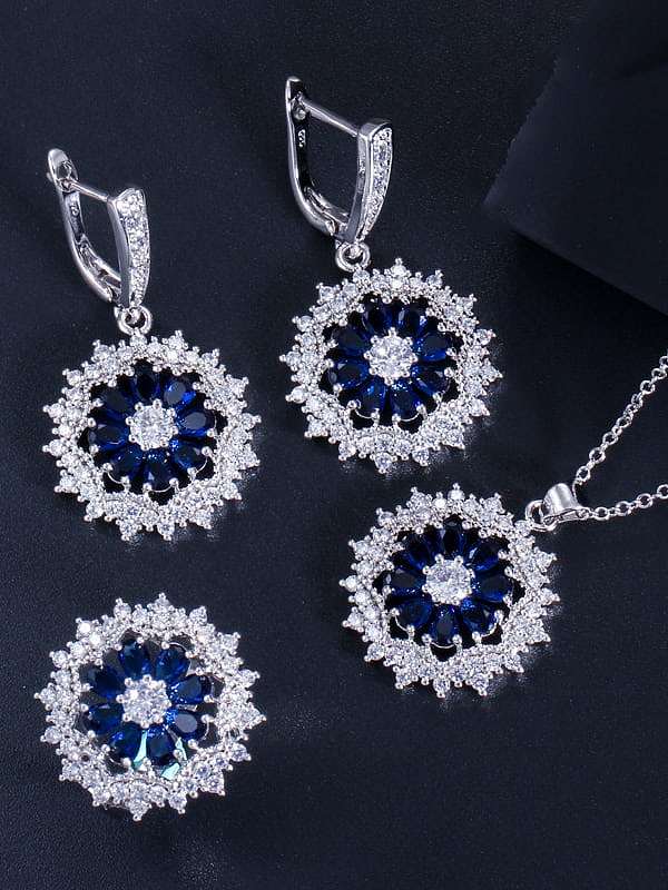Dainty Flower Brass Cubic Zirconia Earring Ring and Necklace Set