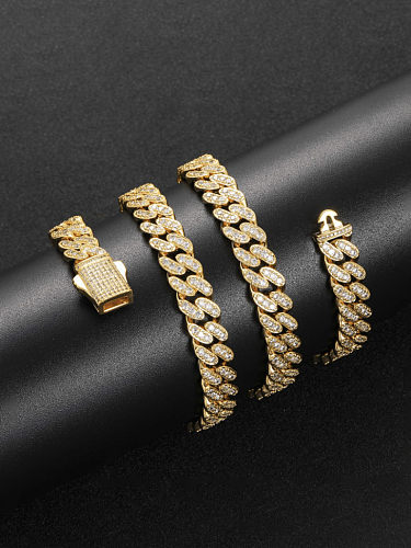 Brass Cubic Zirconia Hip Hop Geometric Bracelet and Necklace Set