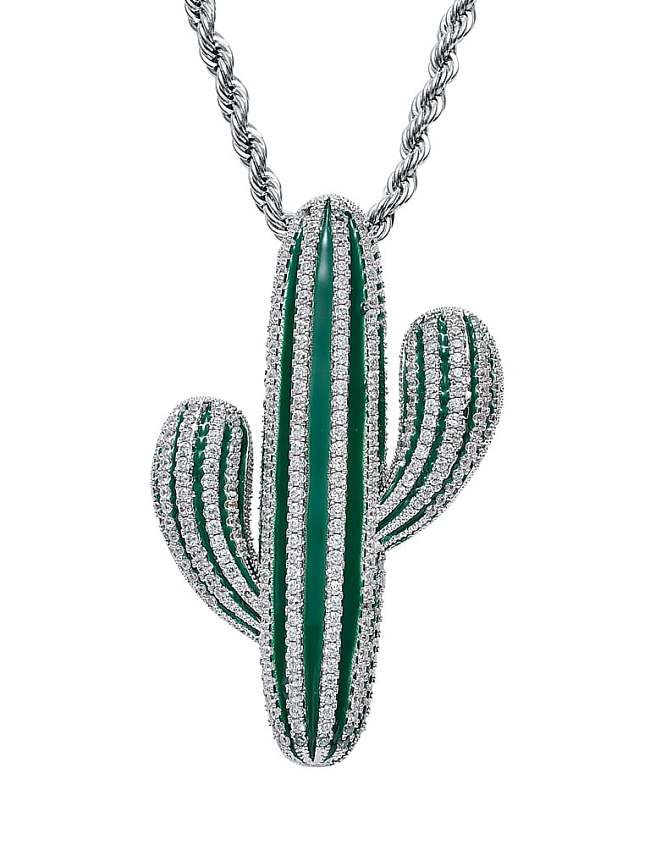 Brass Cubic Zirconia Green Enamel Cactus Hip Hop Necklace