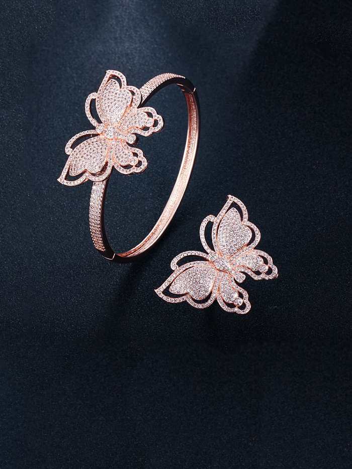 Conjunto de anel e pulseira de luxo borboleta de zircônia cúbica de latão