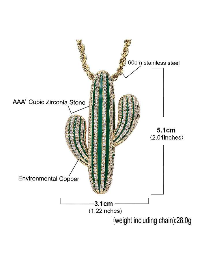 Brass Cubic Zirconia Green Enamel Cactus Hip Hop Necklace