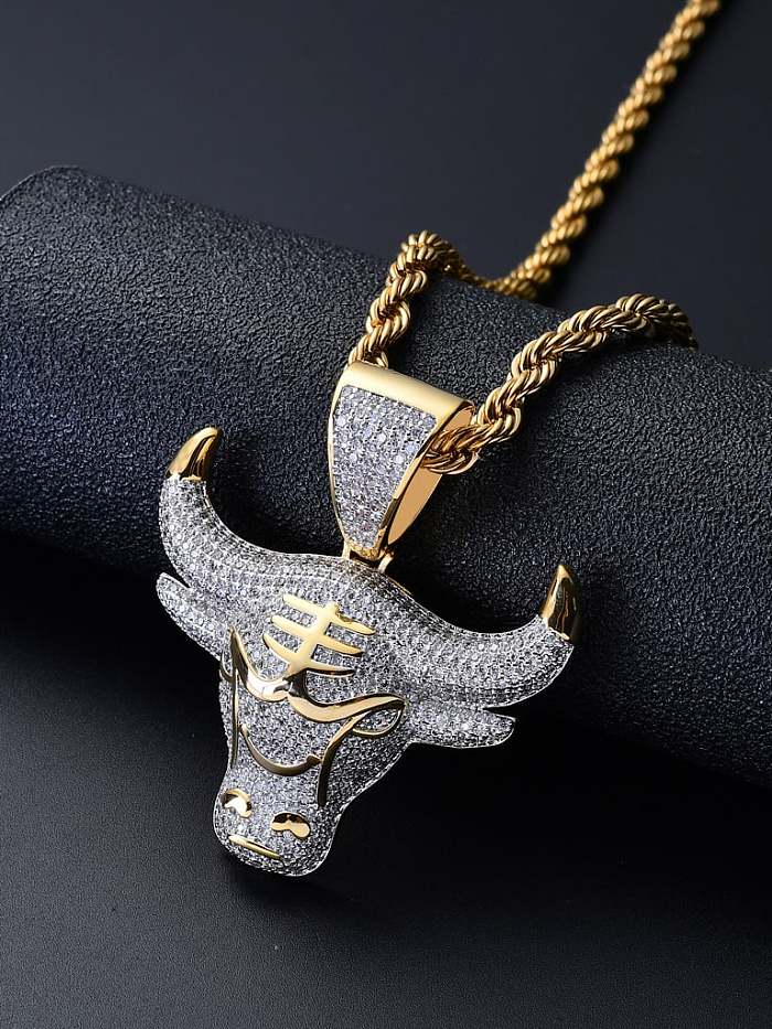 Brass Cubic Zirconia Bull head Hip Hop Necklace