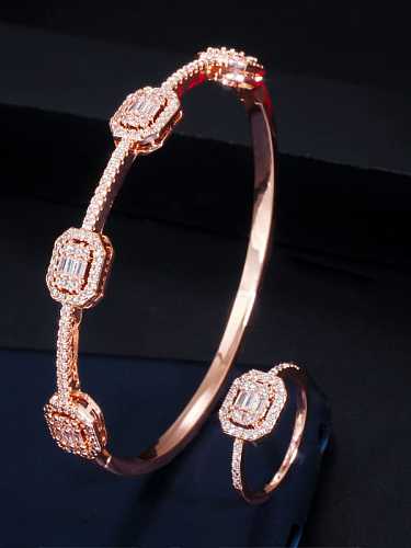 Copper Cubic Zirconia Luxury Geometric Ring and Bangle Set