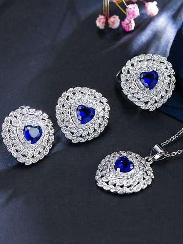 Brass Cubic Zirconia Luxury Heart Earring Ring and Necklace Set