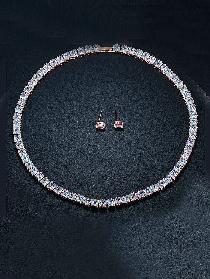 Luxueux carré Zircon boucles d'oreilles collier 2 pièces ensemble de bijoux costume pour fête et mariage
