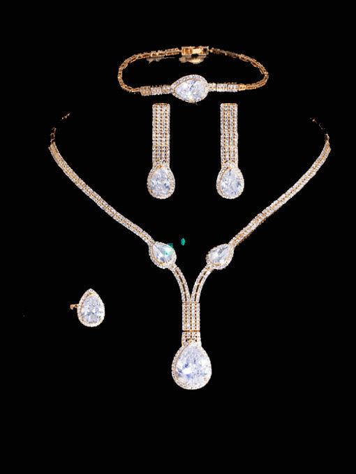Messing Zirkonia Luxus Geometrische Ring Ohrring Armreif und Halskette Set